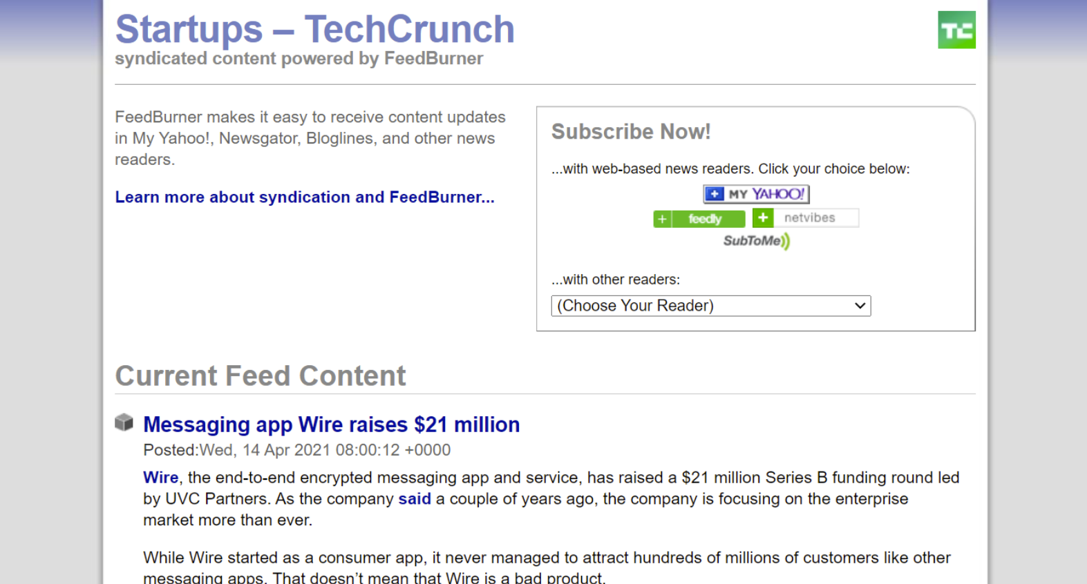 TechCrunch RSS FeedBurner Page
