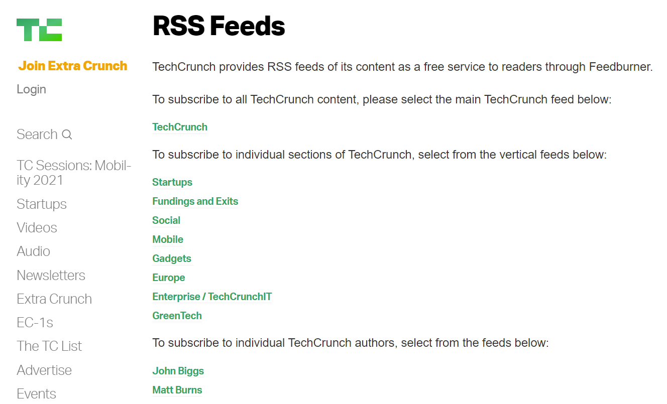TechCrunch RSS Feeds Page